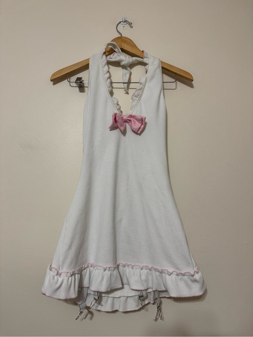 Leg Avenue Coquette White Halter Mini Dress with Pink Bow Garter Straps Ruffles